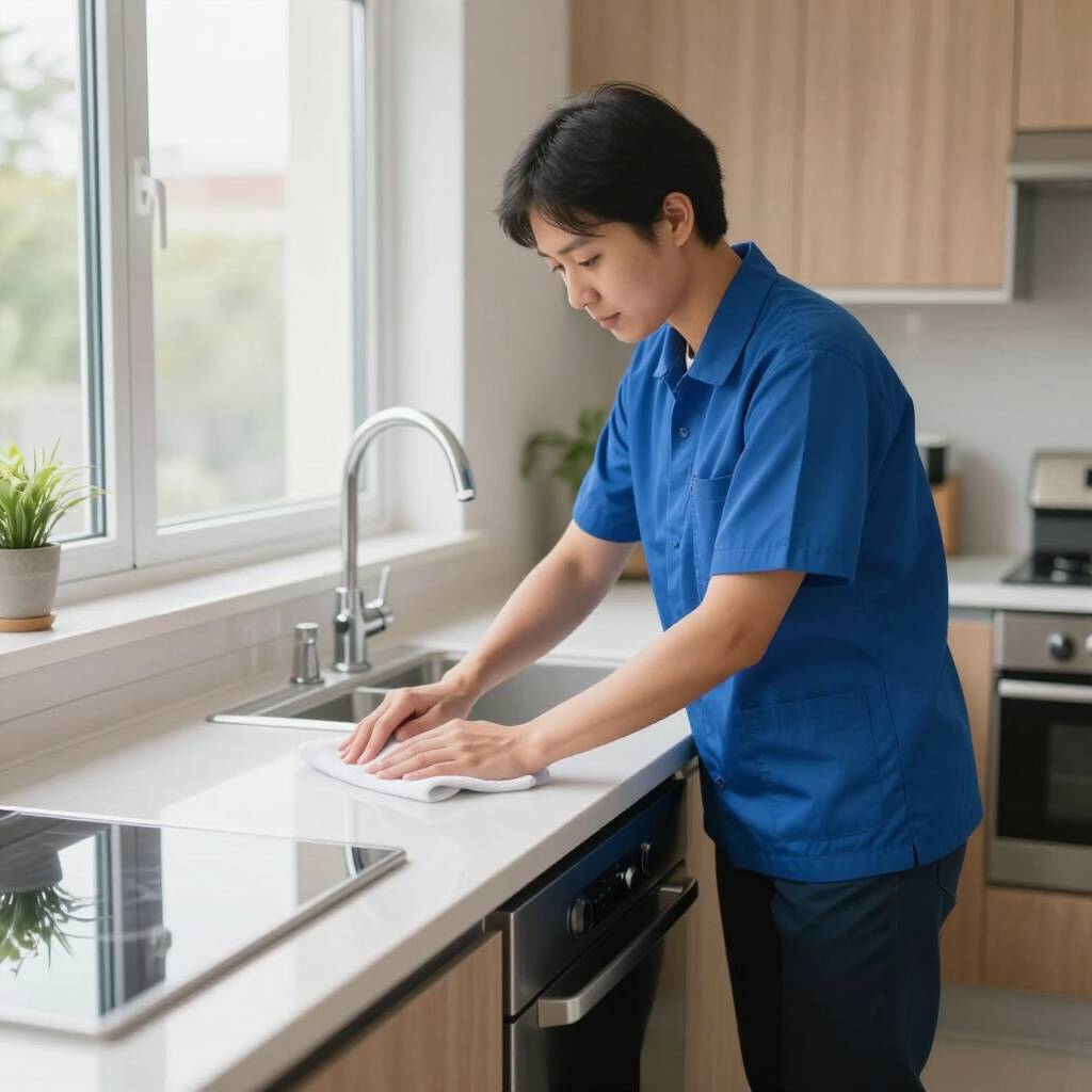 Person wiping a kitchen countertop by a sink in a bright modern kitchen