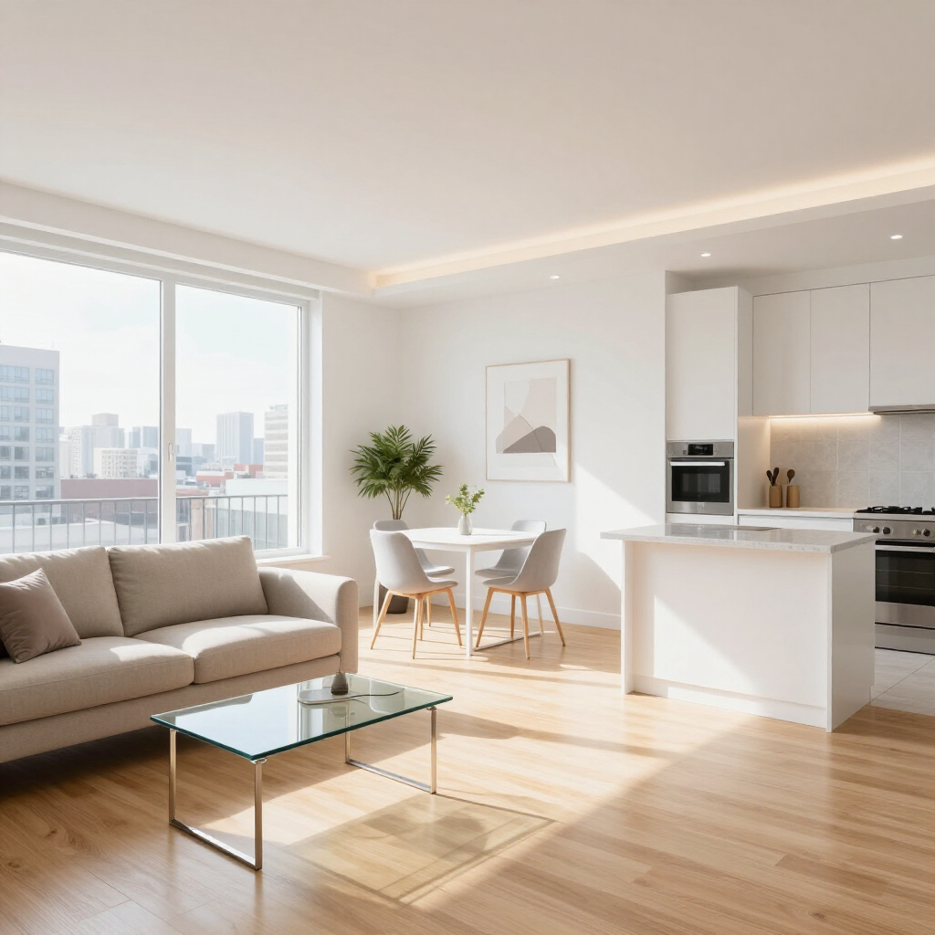 Bright modern living room with beige sofa, glass coffee table, dining area, and white kitchen in sunlight
