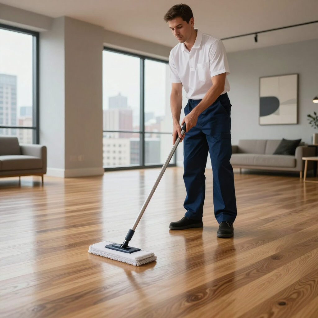 Man using a mop to clean a polished hardwood floor in a bright modern living room