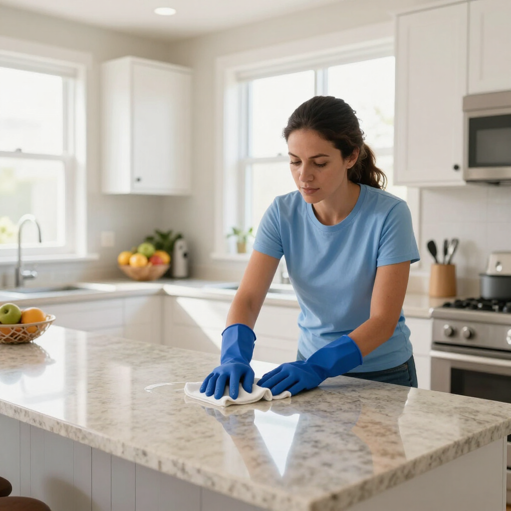 Woman wearing blue gloves wiping a kitchen island in a bright white kitchen