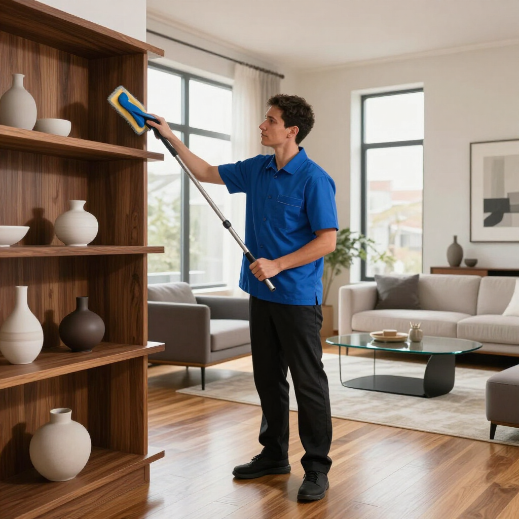 Man in blue shirt dusting a wooden shelf in a bright living room with modern furniture.