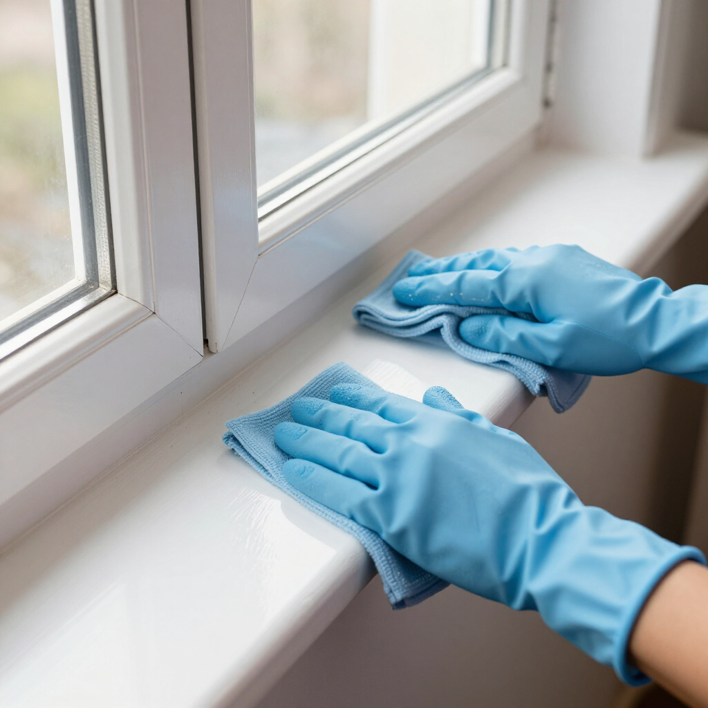 Blue-gloved hands wiping a white windowsill with a blue cloth
