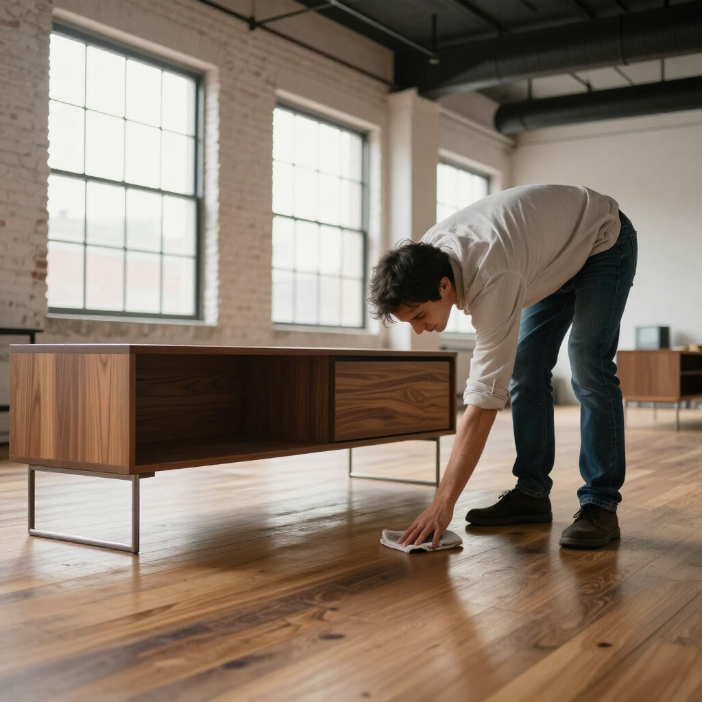 Person cleaning a wooden floor beside a modern wooden desk in a sunlit loft room