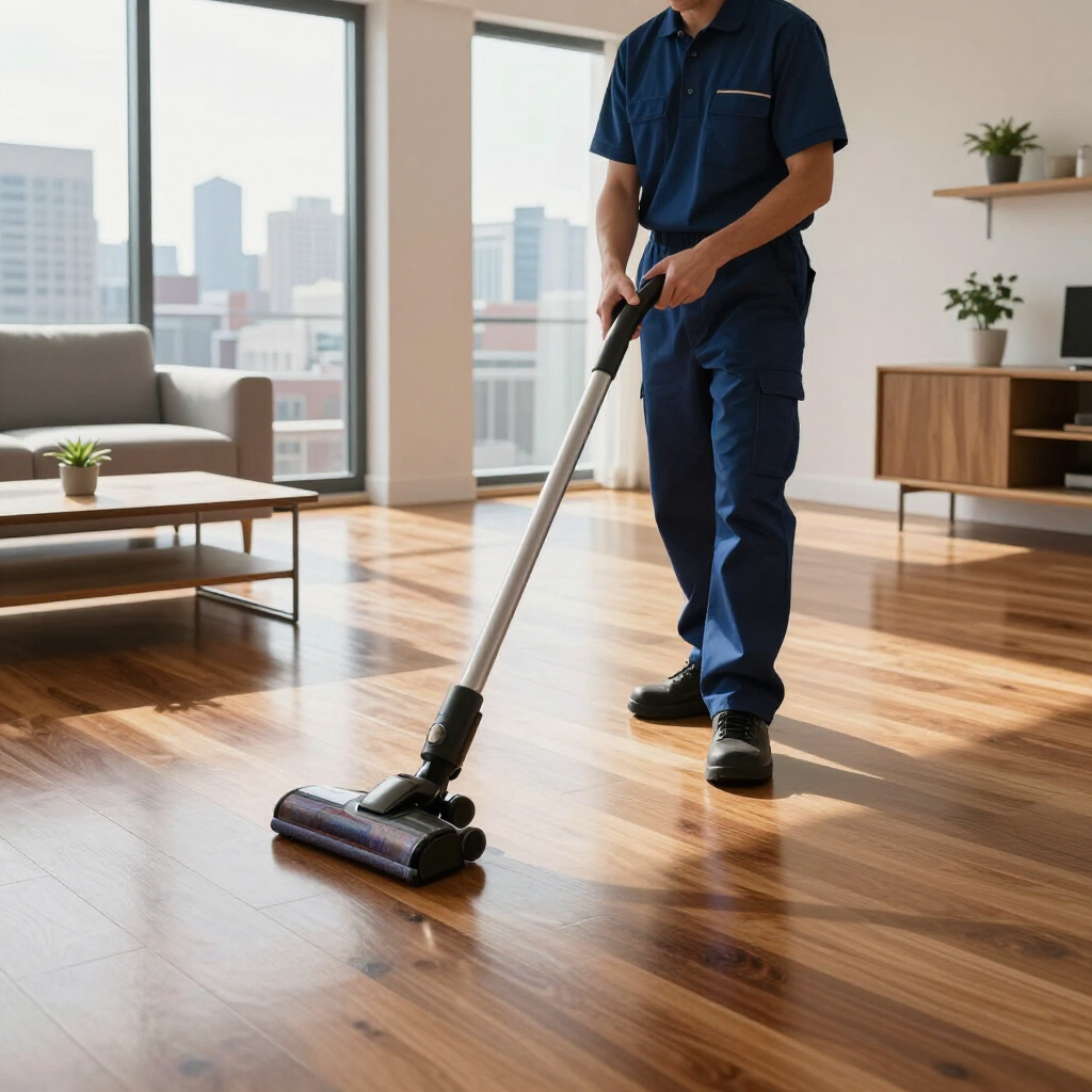 Person vacuuming a sunlit hardwood floor in a modern living room