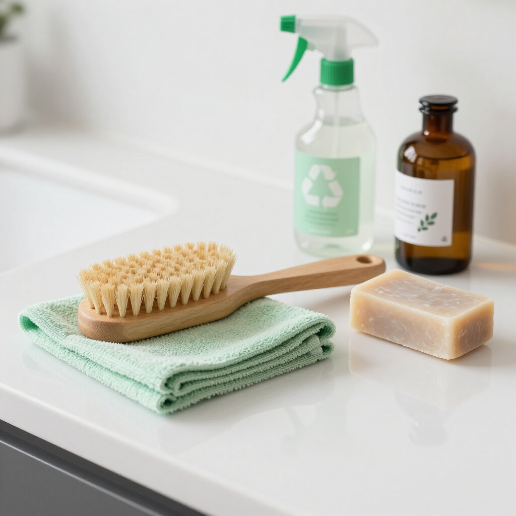 Cleaning supplies on a white countertop: brush, spray bottles, soap bar, and folded cloth.