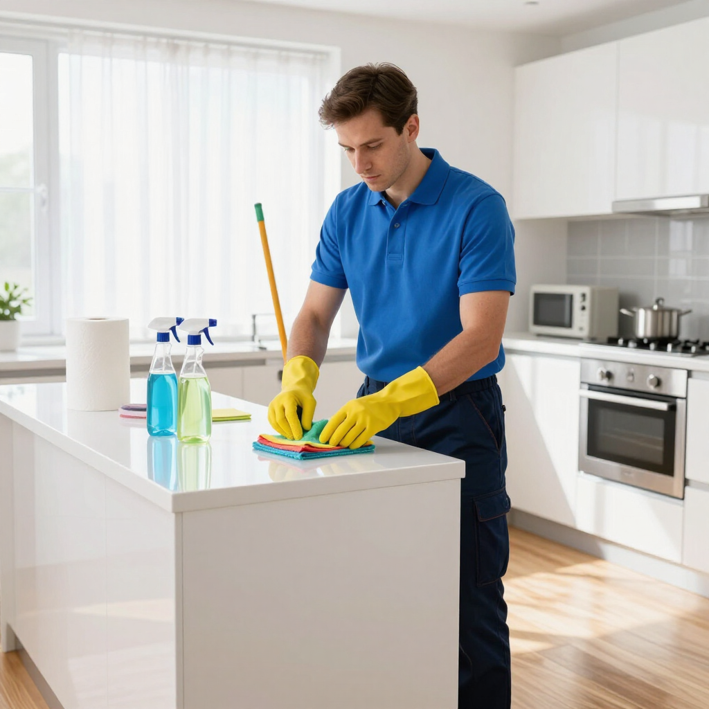 Man wearing yellow gloves cleaning a kitchen counter with spray bottles and cloths