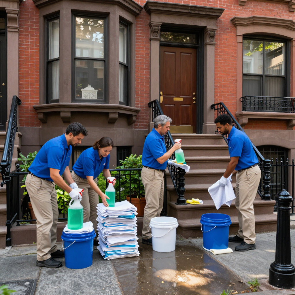 Volunteers in blue shirts stack bottled water and supplies on a city sidewalk outside a brownstone