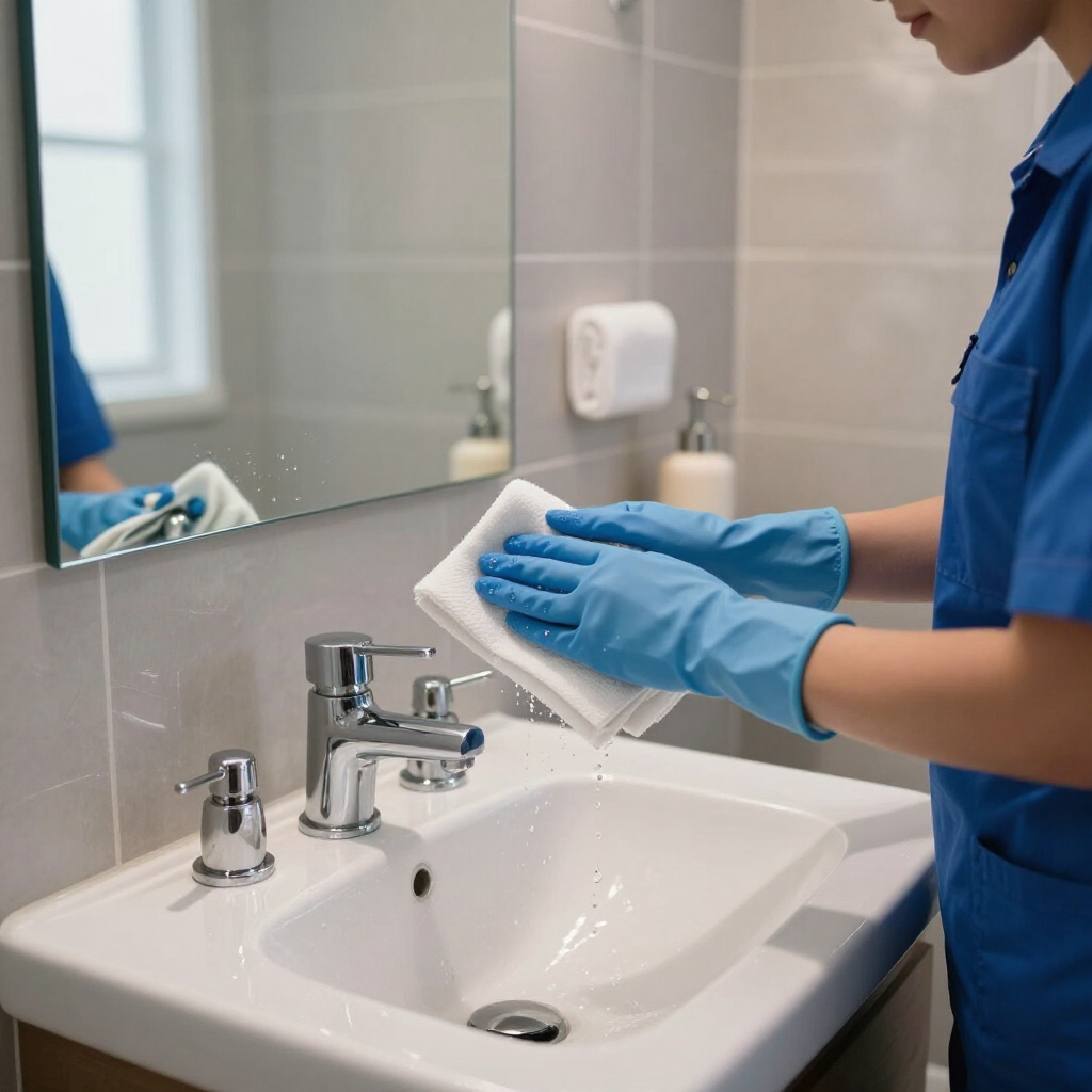 Person in blue uniform cleaning a bathroom sink and mirror with a white cloth and blue gloves