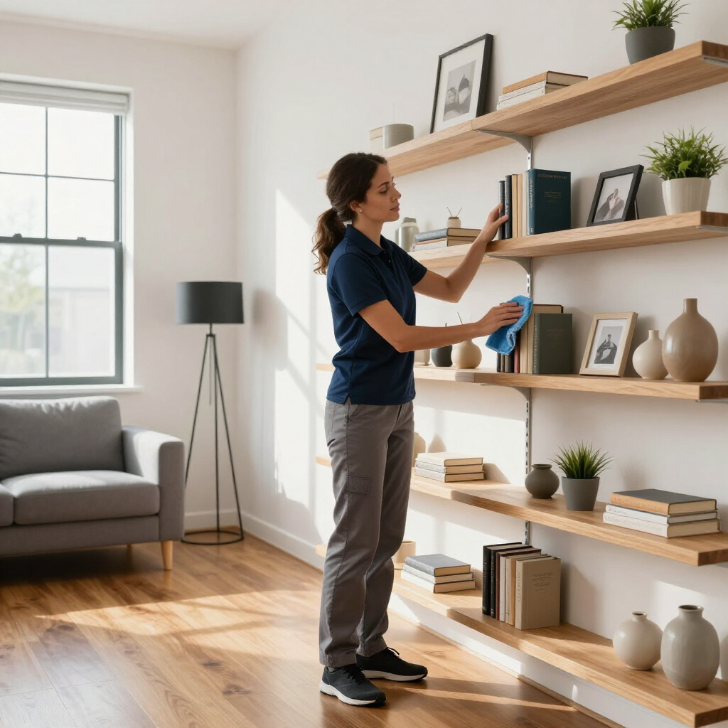 Person dusting shelves in a bright living room with books, plants, and framed photos