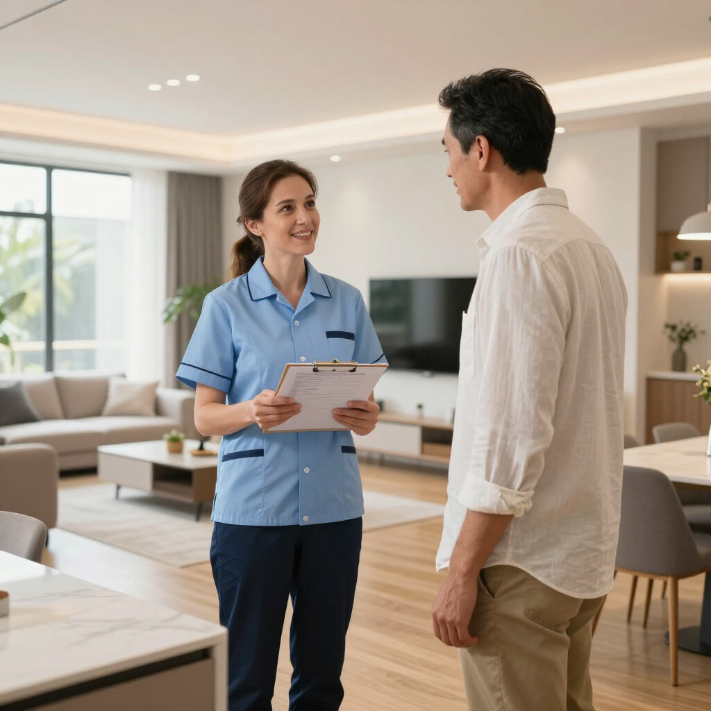 Woman in blue uniform speaking with man in a bright living room, holding a clipboard