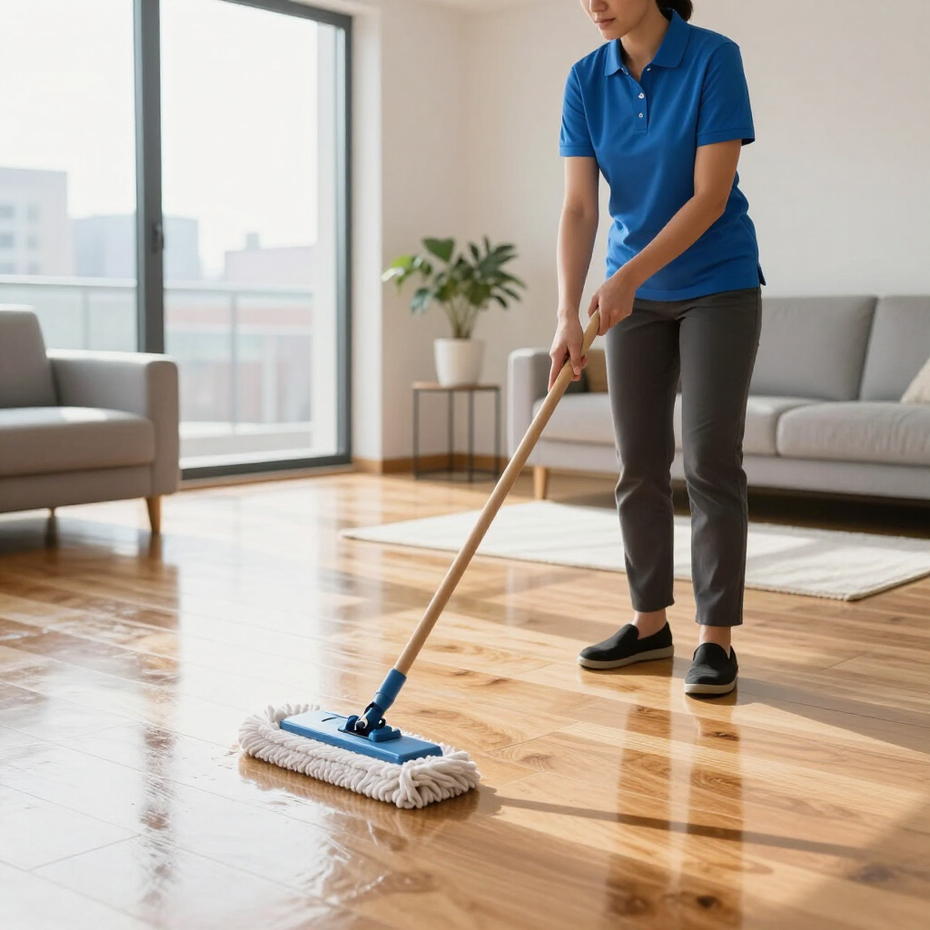 Person mopping a glossy wooden floor in a bright living room