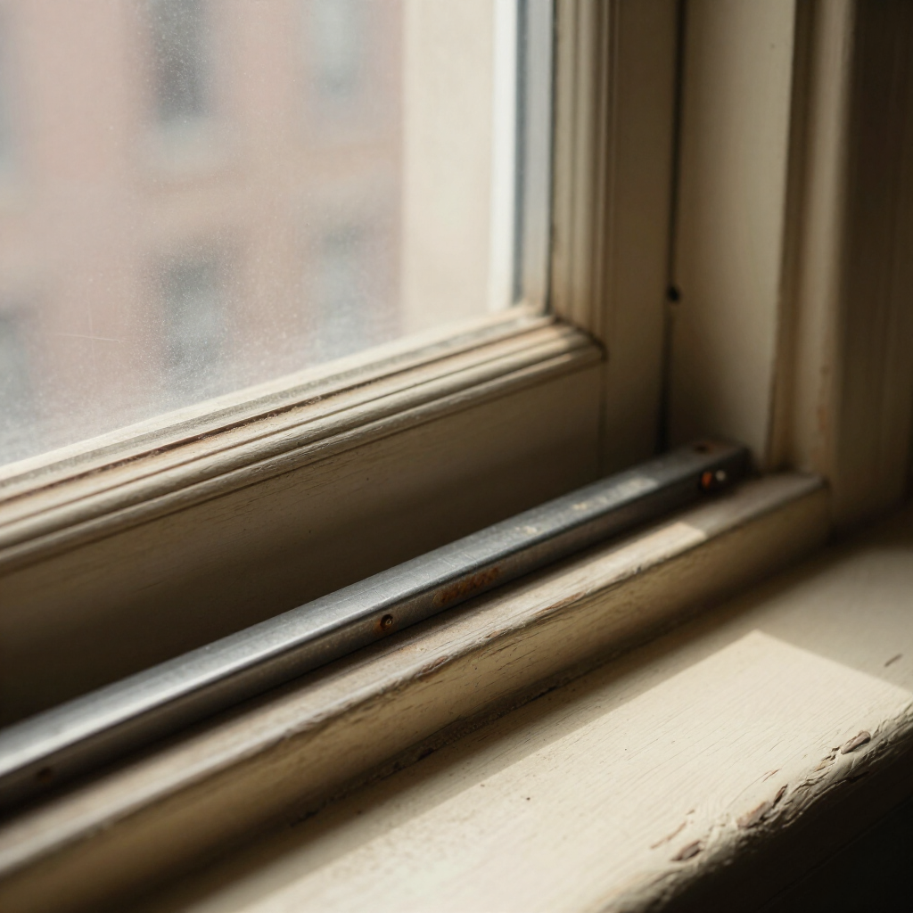 Close-up of a windowsill with a white frame and soft daylight through the glass