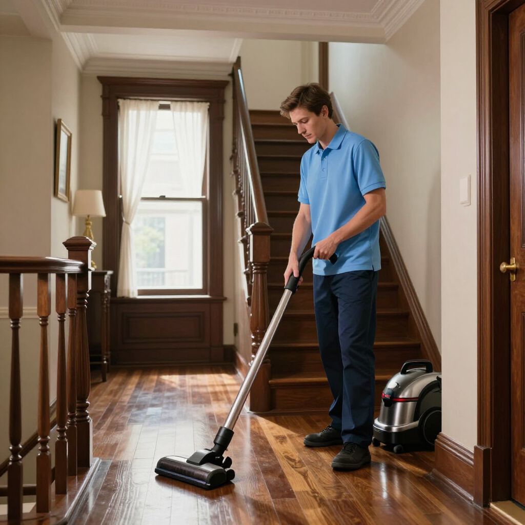 Man vacuuming a wood-floored hallway in a bright home interior