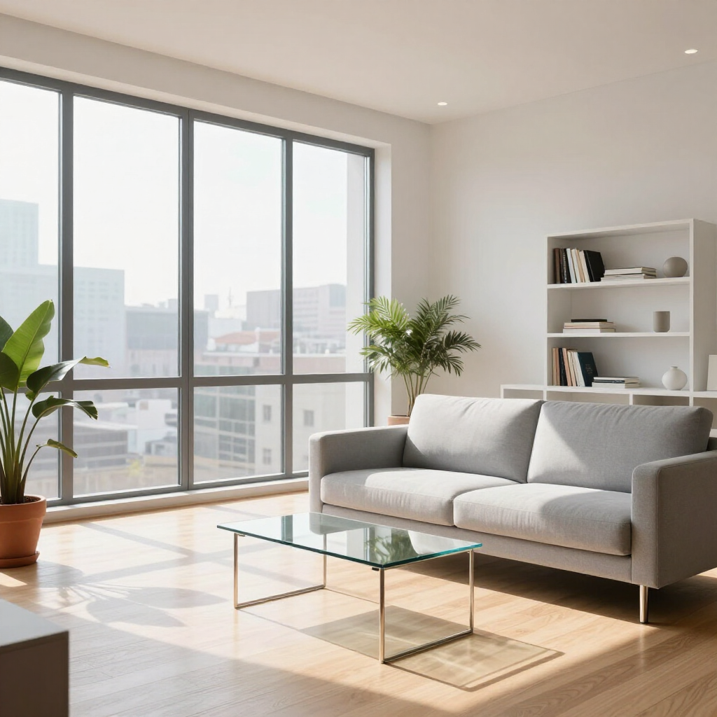Bright living room with gray sofa, glass coffee table, large windows, and potted plants