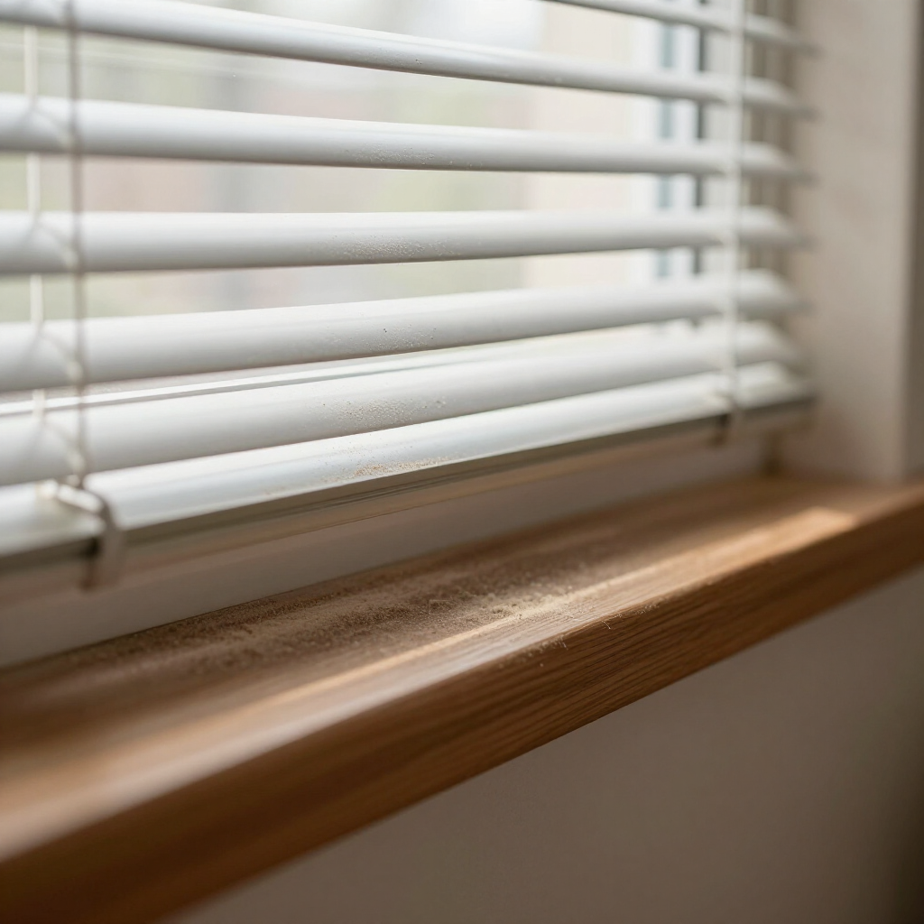 White window blinds above a wooden windowsill in soft daylight