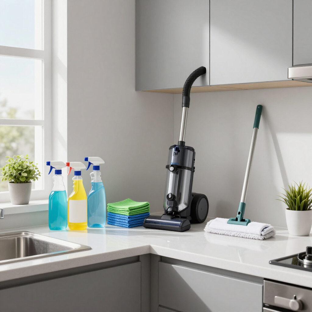 Bright kitchen counter with cleaning supplies, spray bottles, a vacuum, mop, and sponge near a sink and window