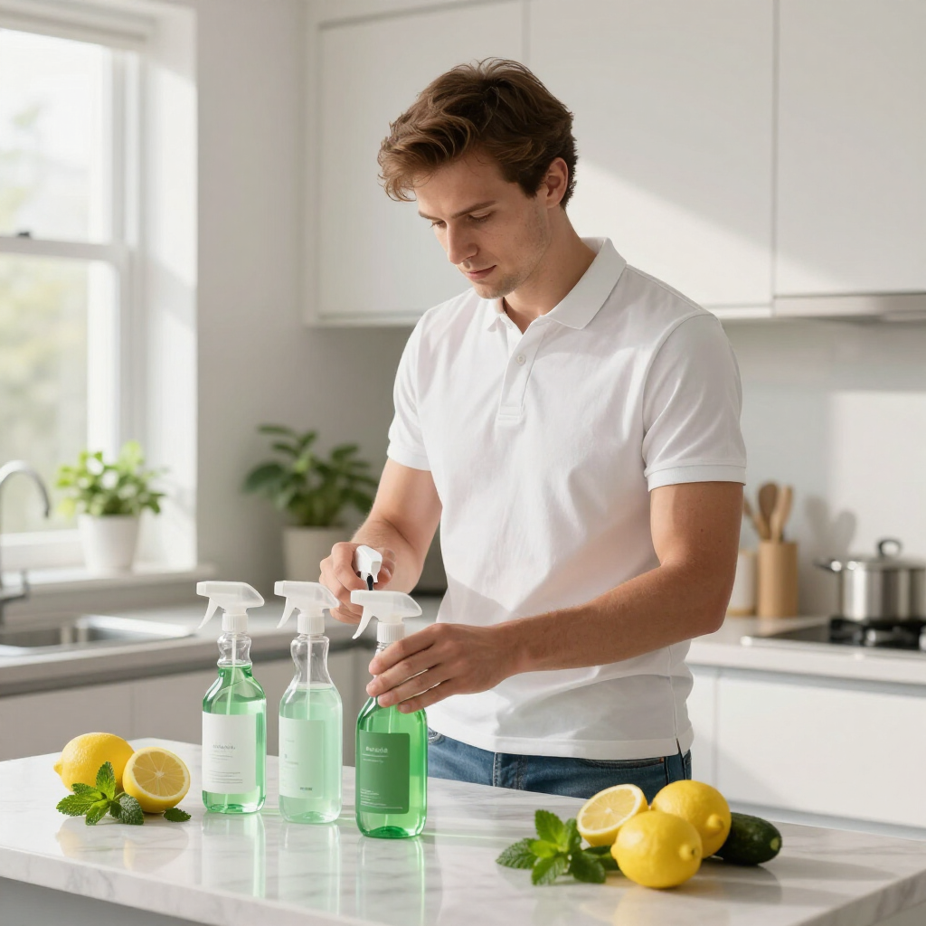 Man in a white polo filling a spray bottle with green cleaner in a bright kitchen, with lemons on the counter