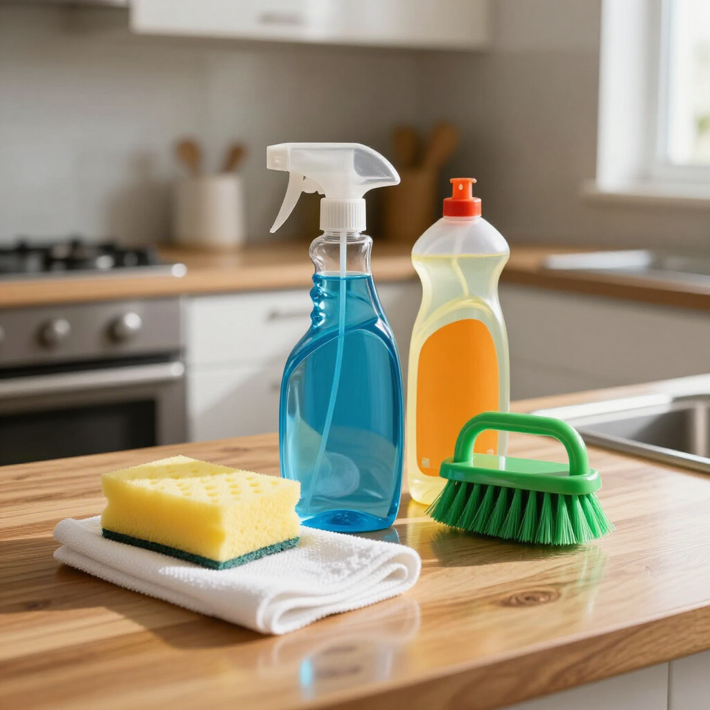 Cleaning supplies on a kitchen counter: blue spray bottle, dish soap, sponge, cloth, and green scrub brush