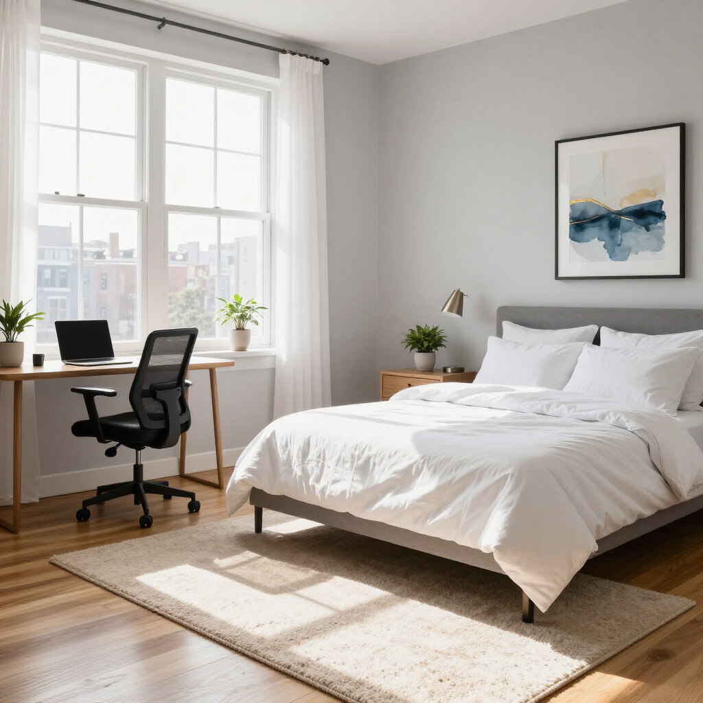 Bright bedroom with a bed, desk, chair, plants, and large window with city view