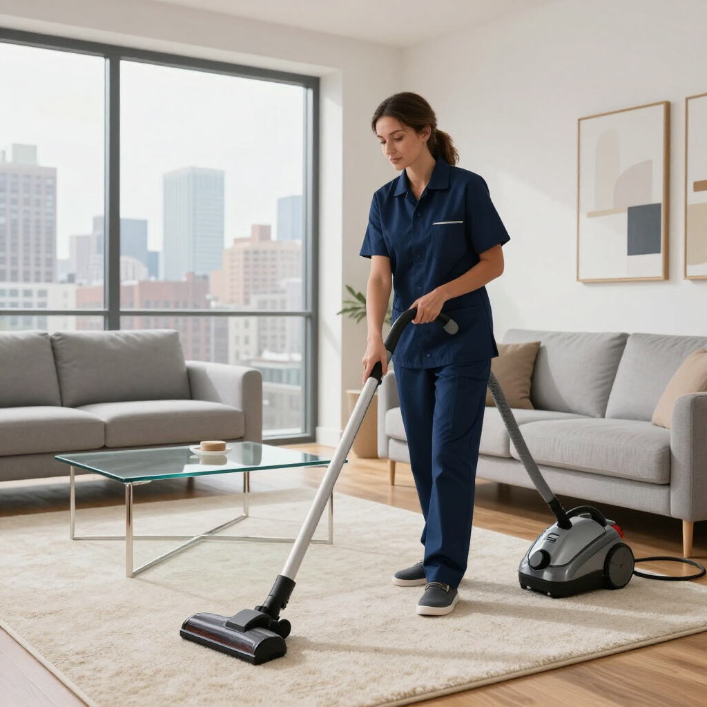 Person vacuuming a beige rug in a modern living room with gray sofas and a city view