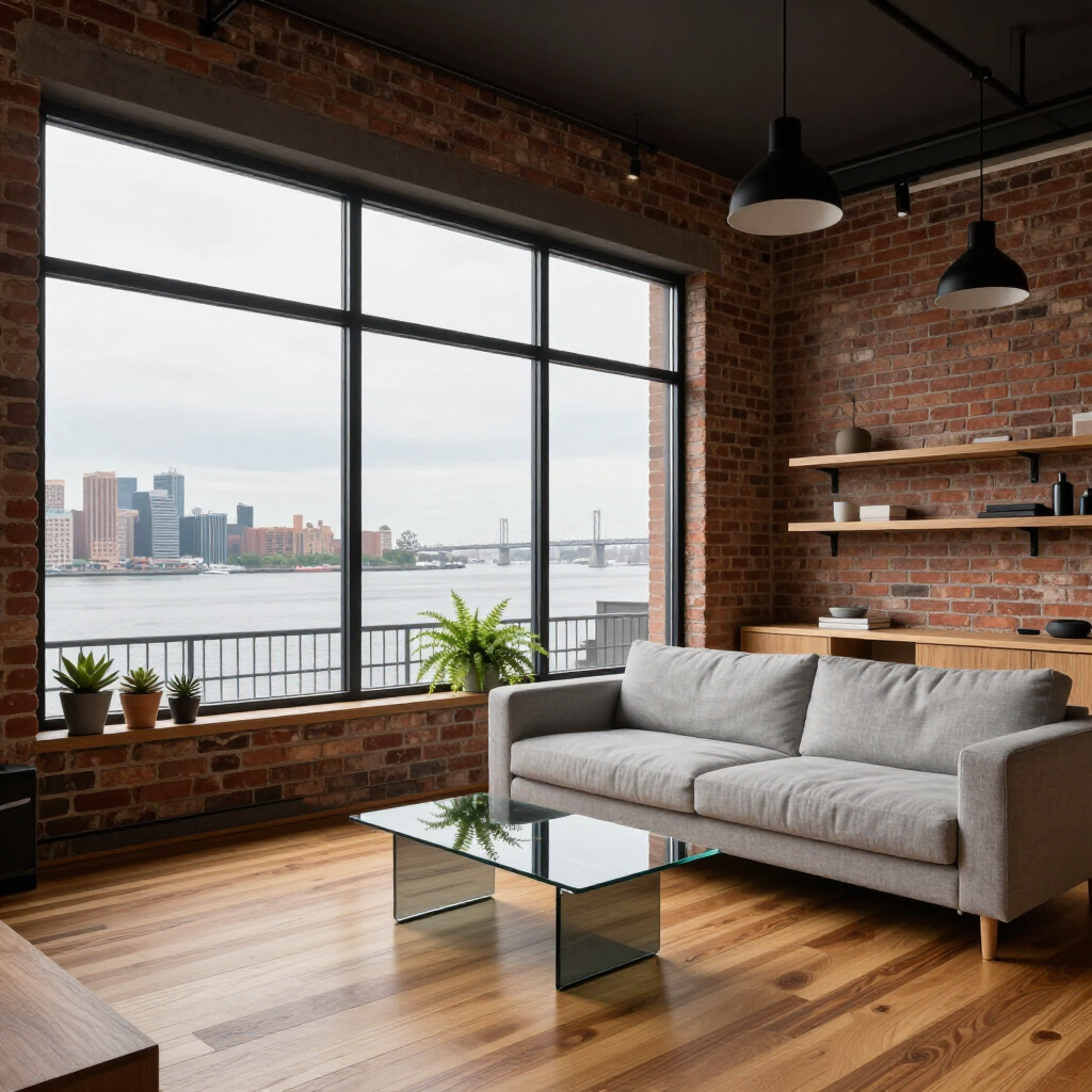 Modern loft living room with brick walls, large city-view windows, gray sofa, glass coffee tables, and potted plants