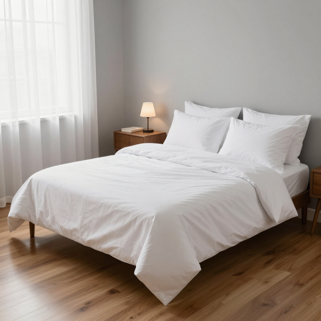 Bright bedroom with a white bed, wooden nightstand, and soft lamp by a window