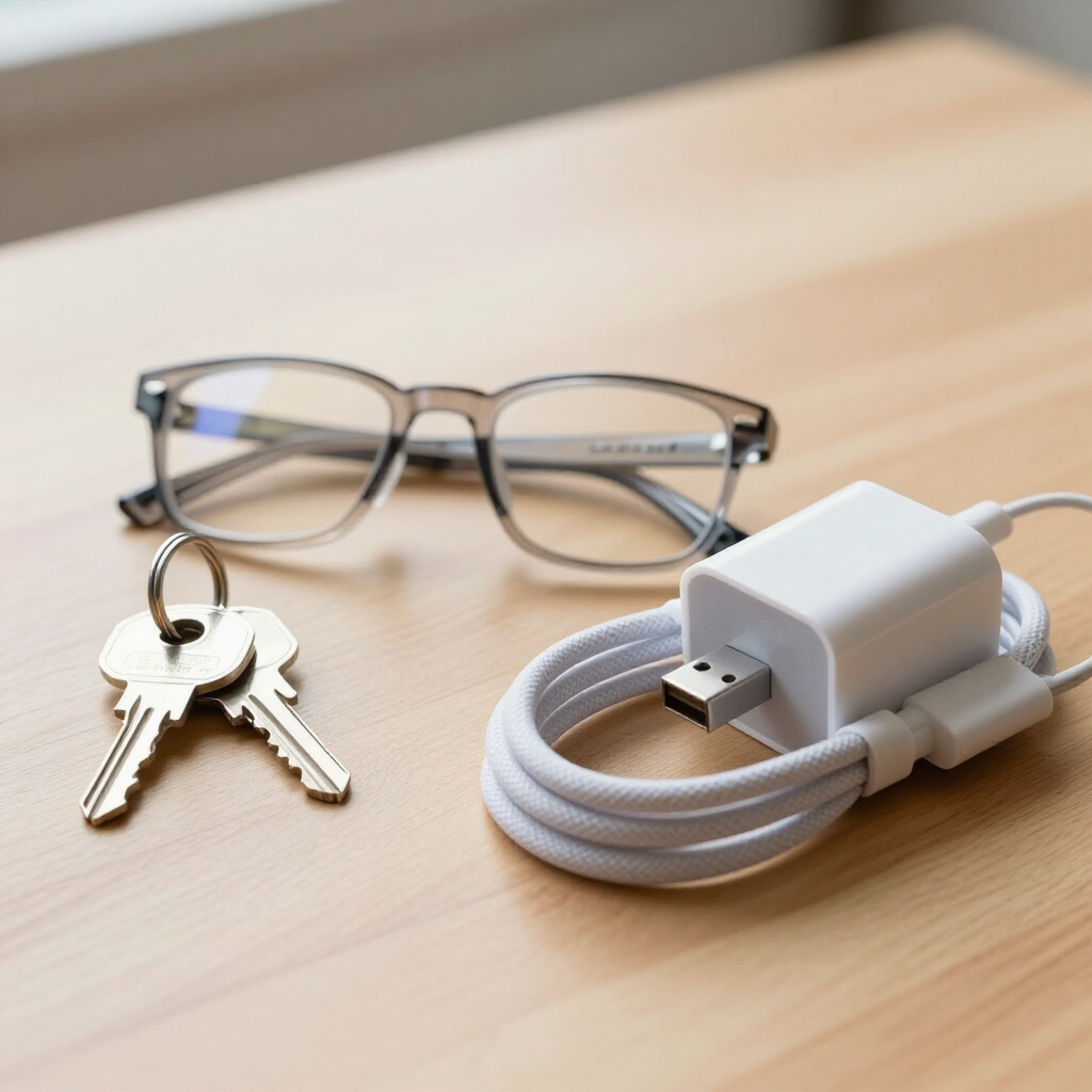 Glasses, keys, and a coiled USB cable on a wooden desk