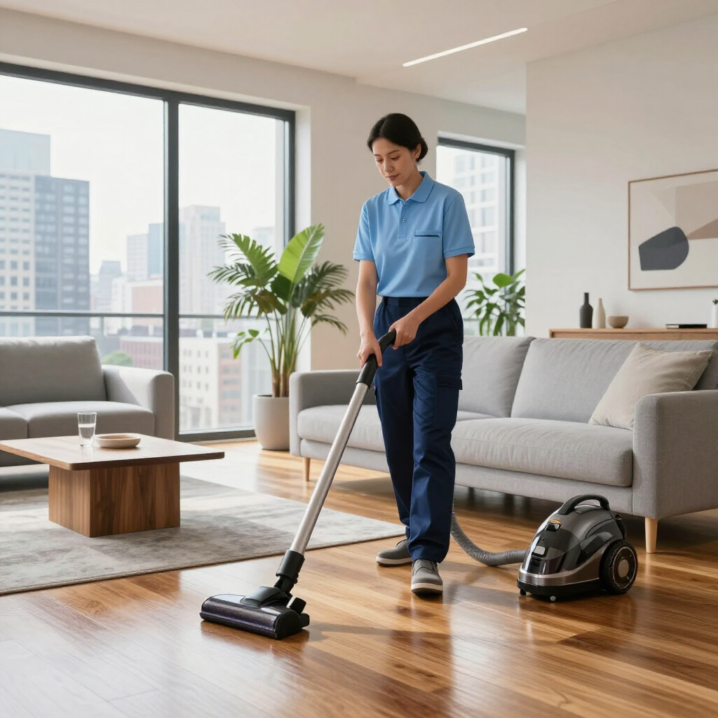 Person vacuuming a bright living room with a canister vacuum on hardwood floors