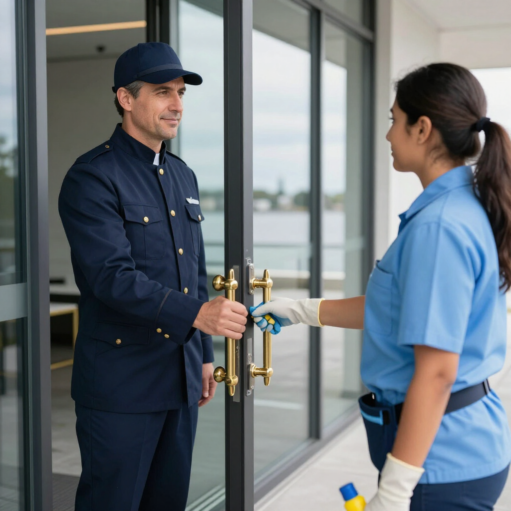 Hotel staff and security guard exchanging a key at a glass door entrance