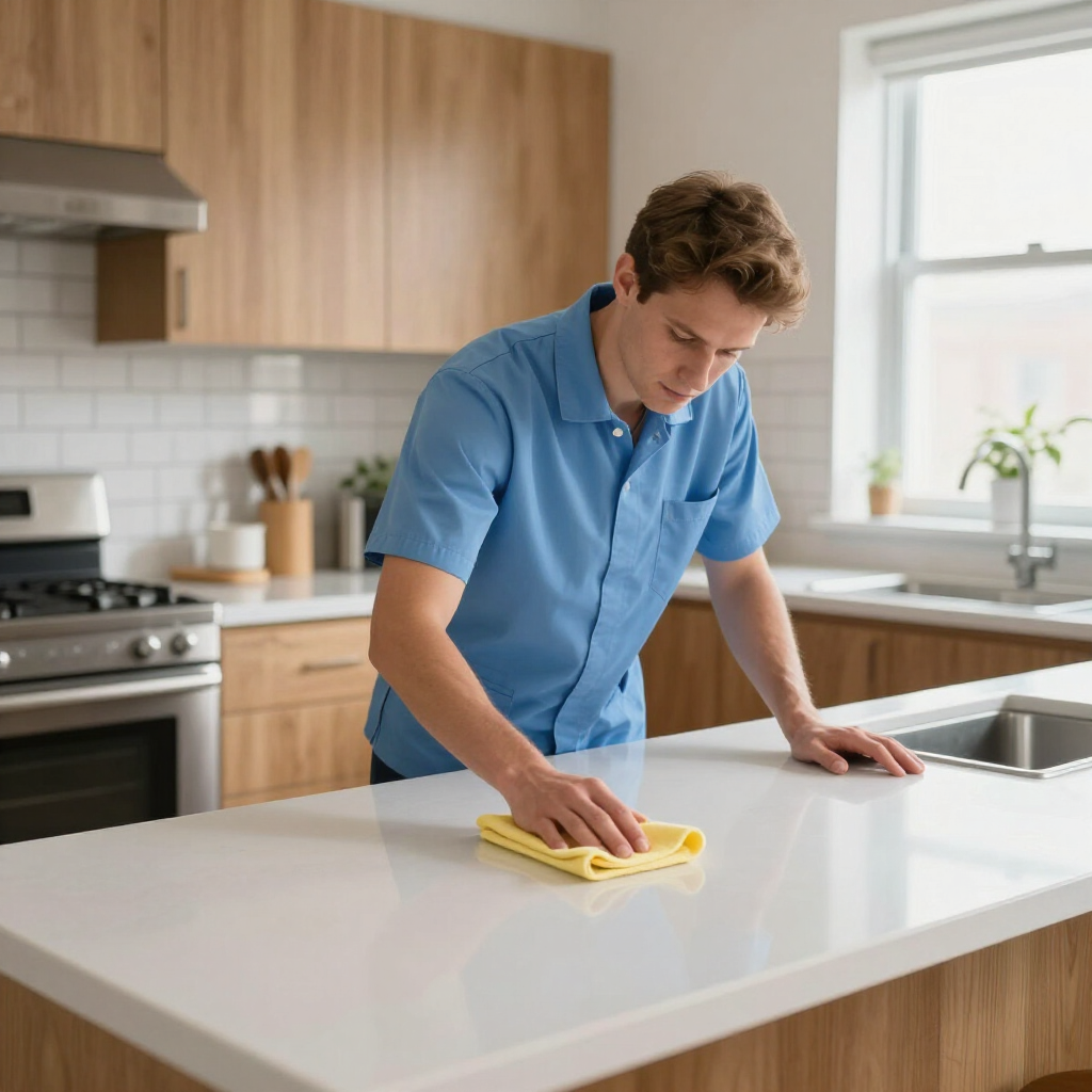 Man wiping a white kitchen counter with a yellow cloth in a bright modern kitchen