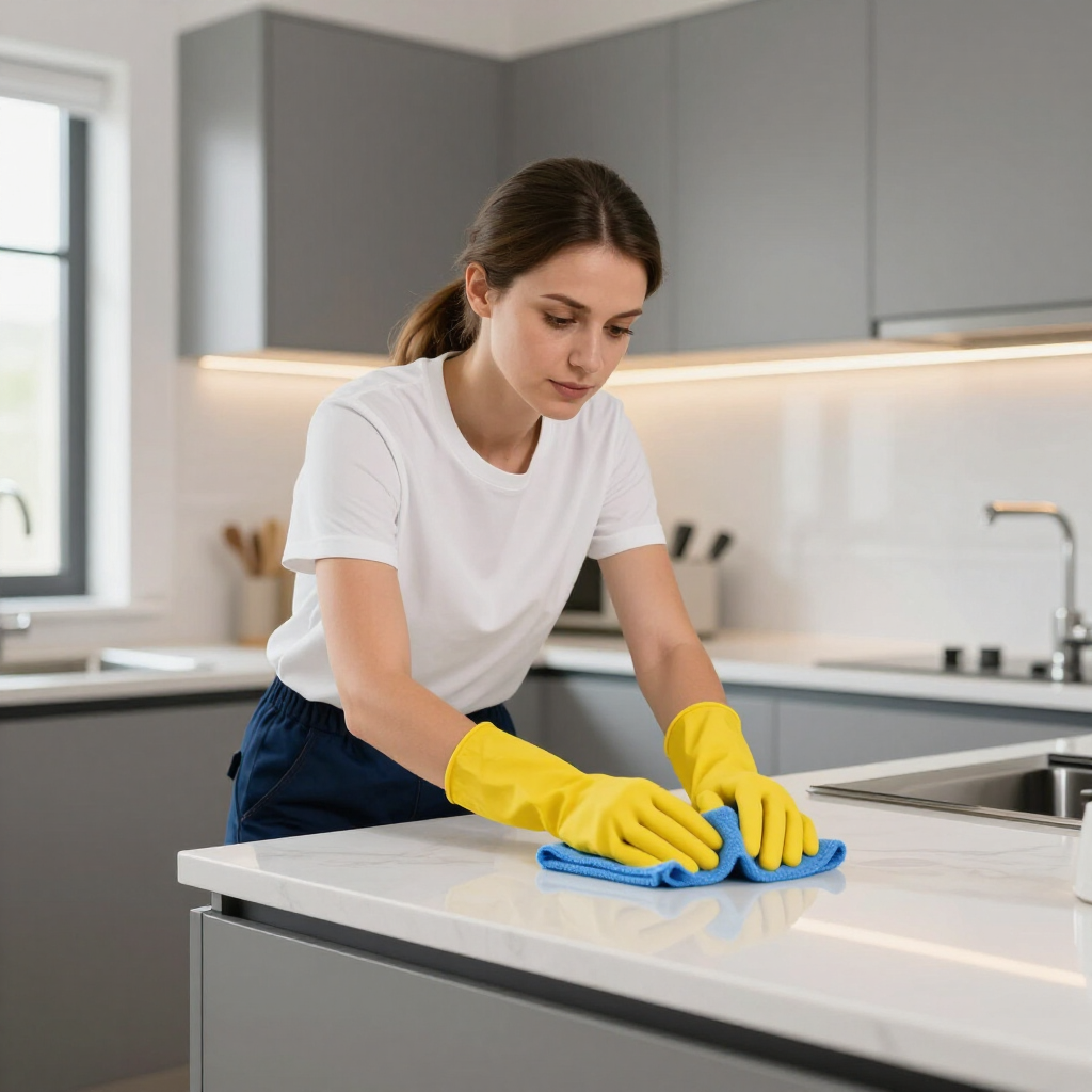 Woman in yellow gloves cleaning a kitchen countertop with a blue cloth