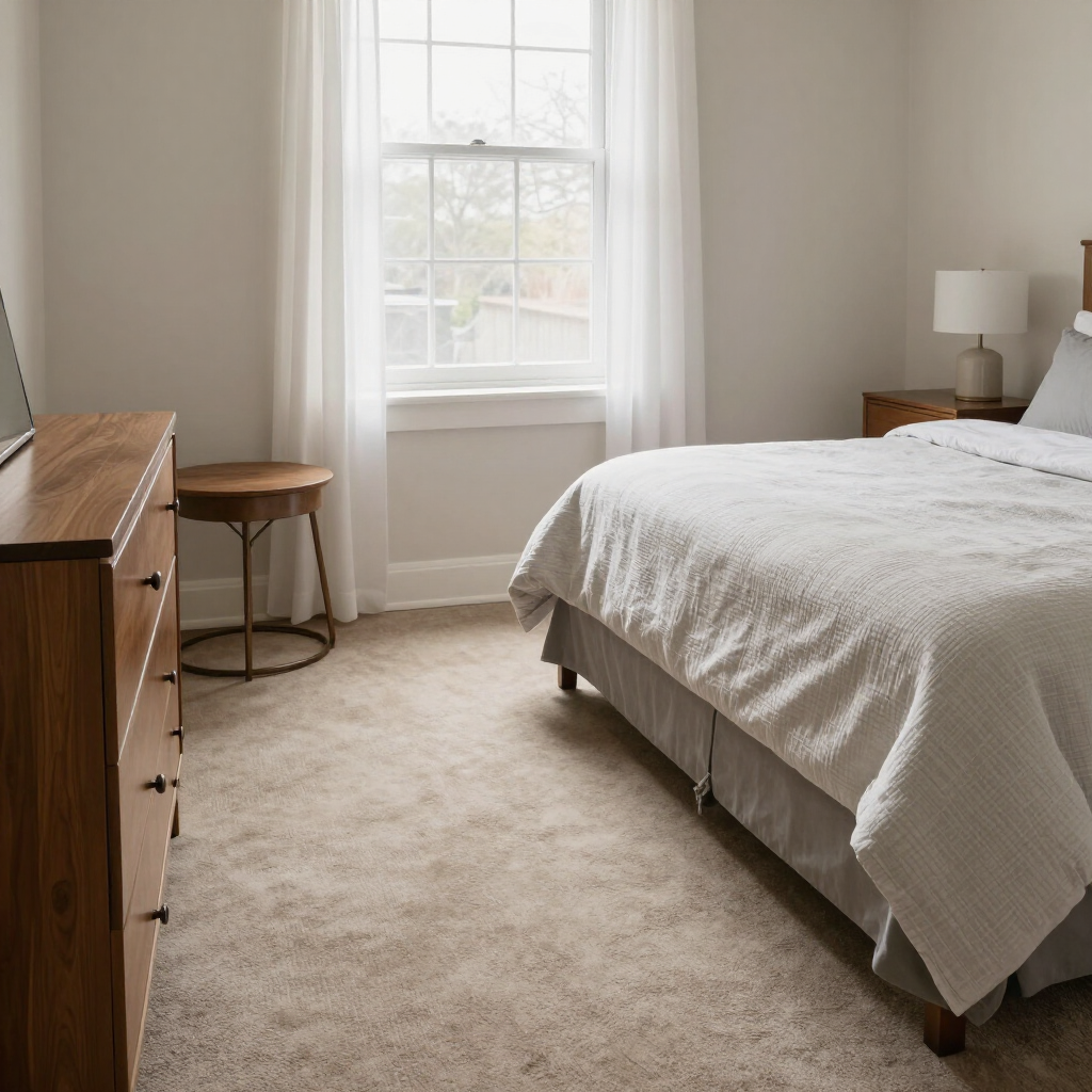 Bright bedroom with a bed, dresser, window, and beige carpet.