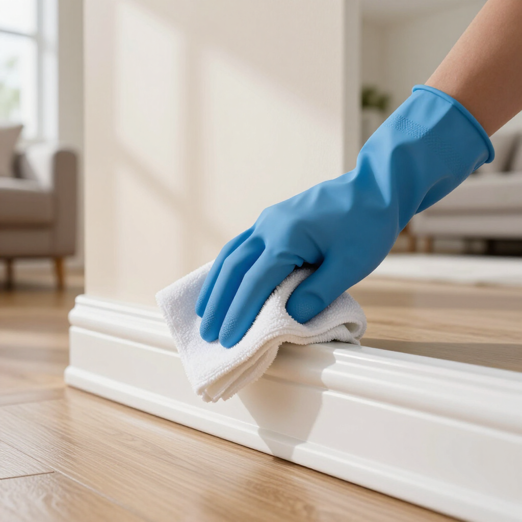 Blue-gloved hand wiping a white baseboard with a cloth on a hardwood floor