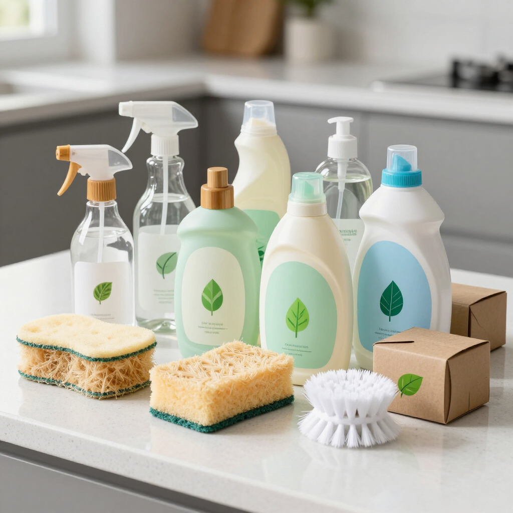 Eco-friendly cleaning products, sponges, and a scrub brush on a kitchen counter