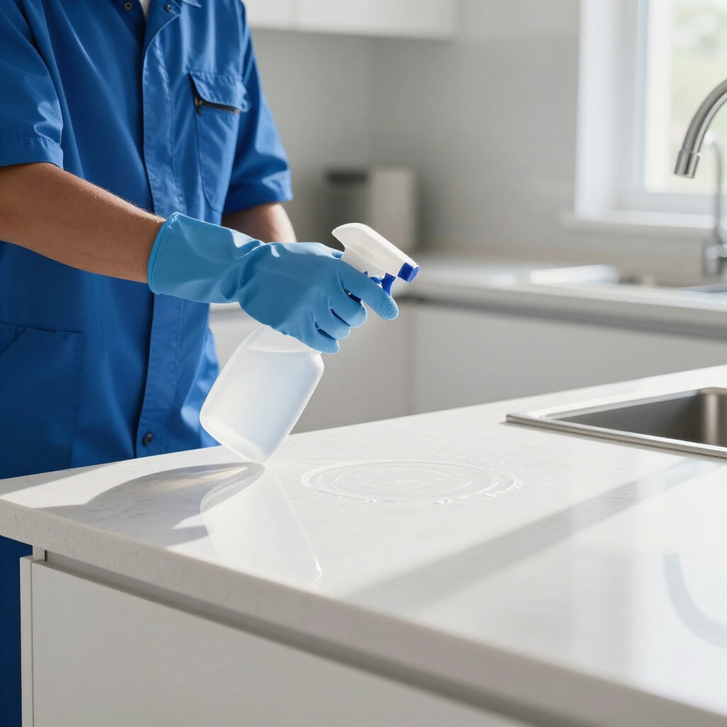 Person in blue gloves sprays cleaner on a white kitchen countertop near a sink