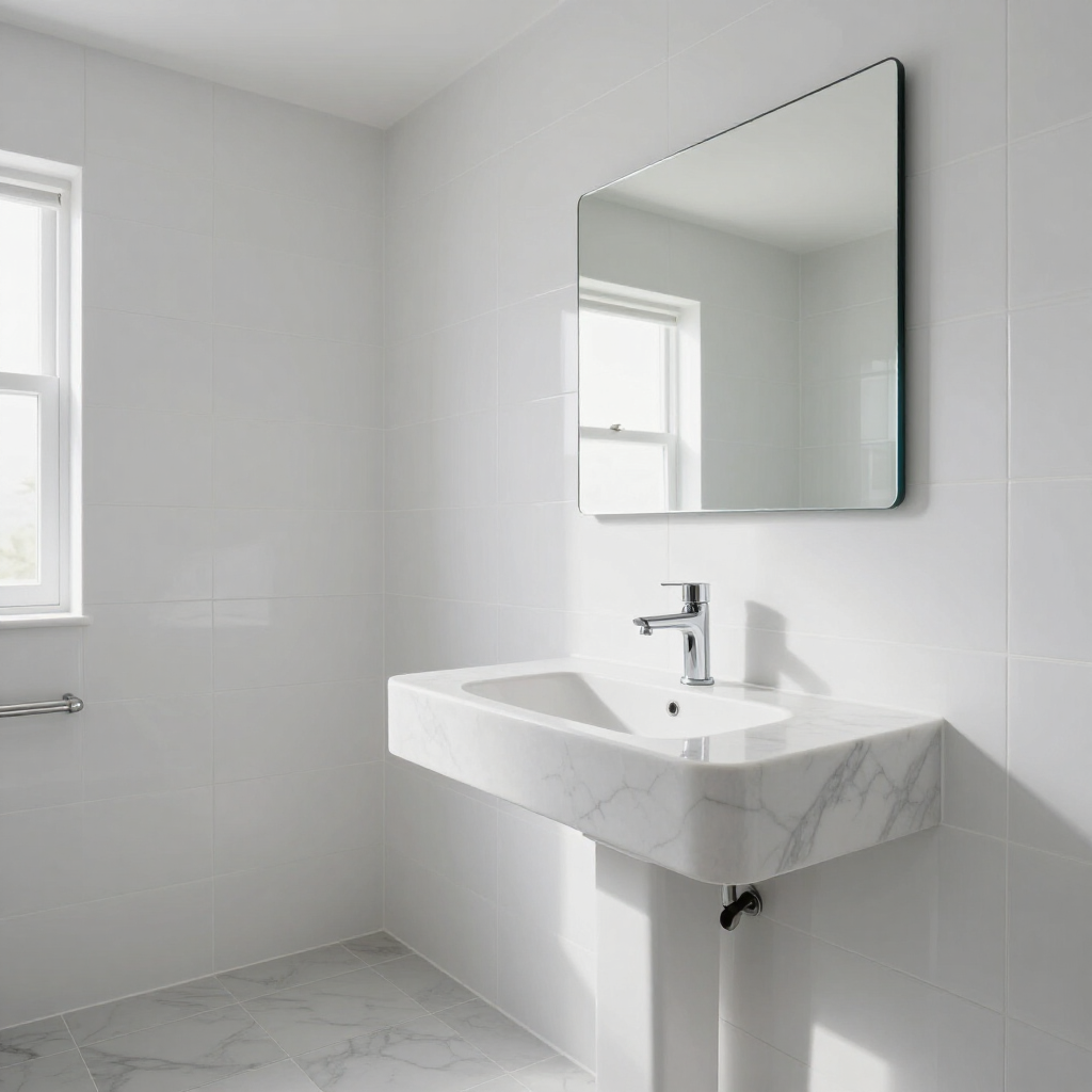 Minimal white bathroom with wall-mounted sink, mirror, and window
