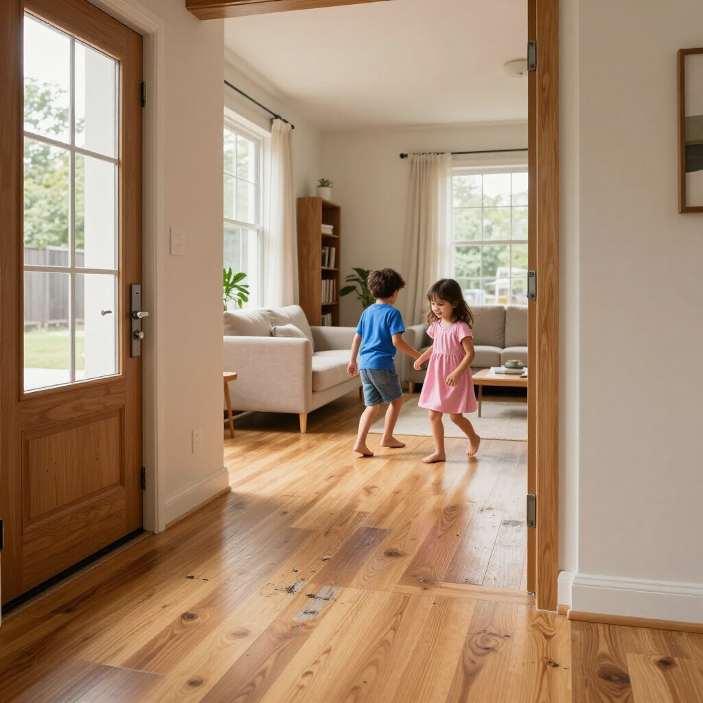 Two children holding hands and dancing in a sunlit living room with hardwood floors.