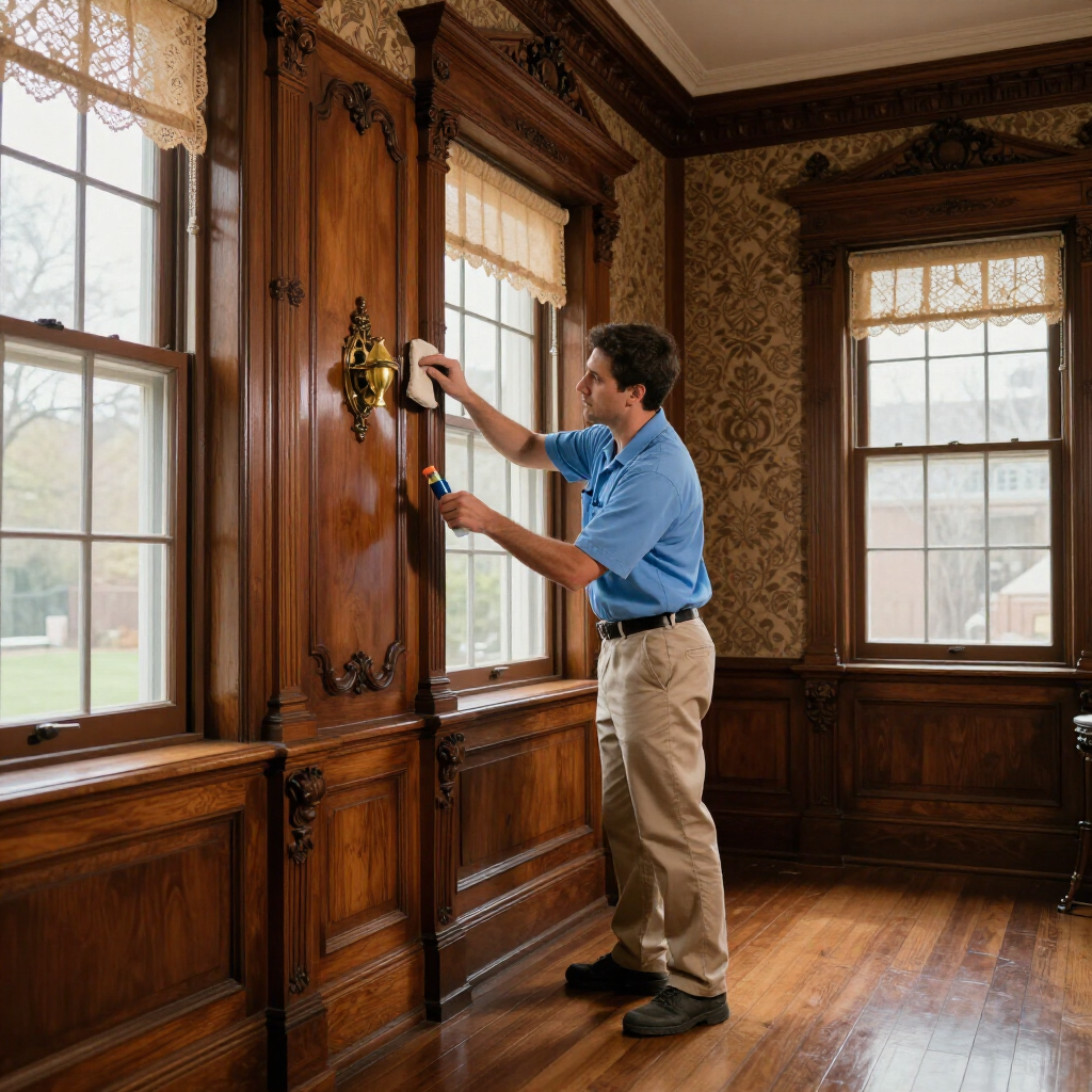 Man installing a brass wall sconce in a wood-paneled room with large windows and hardwood floors