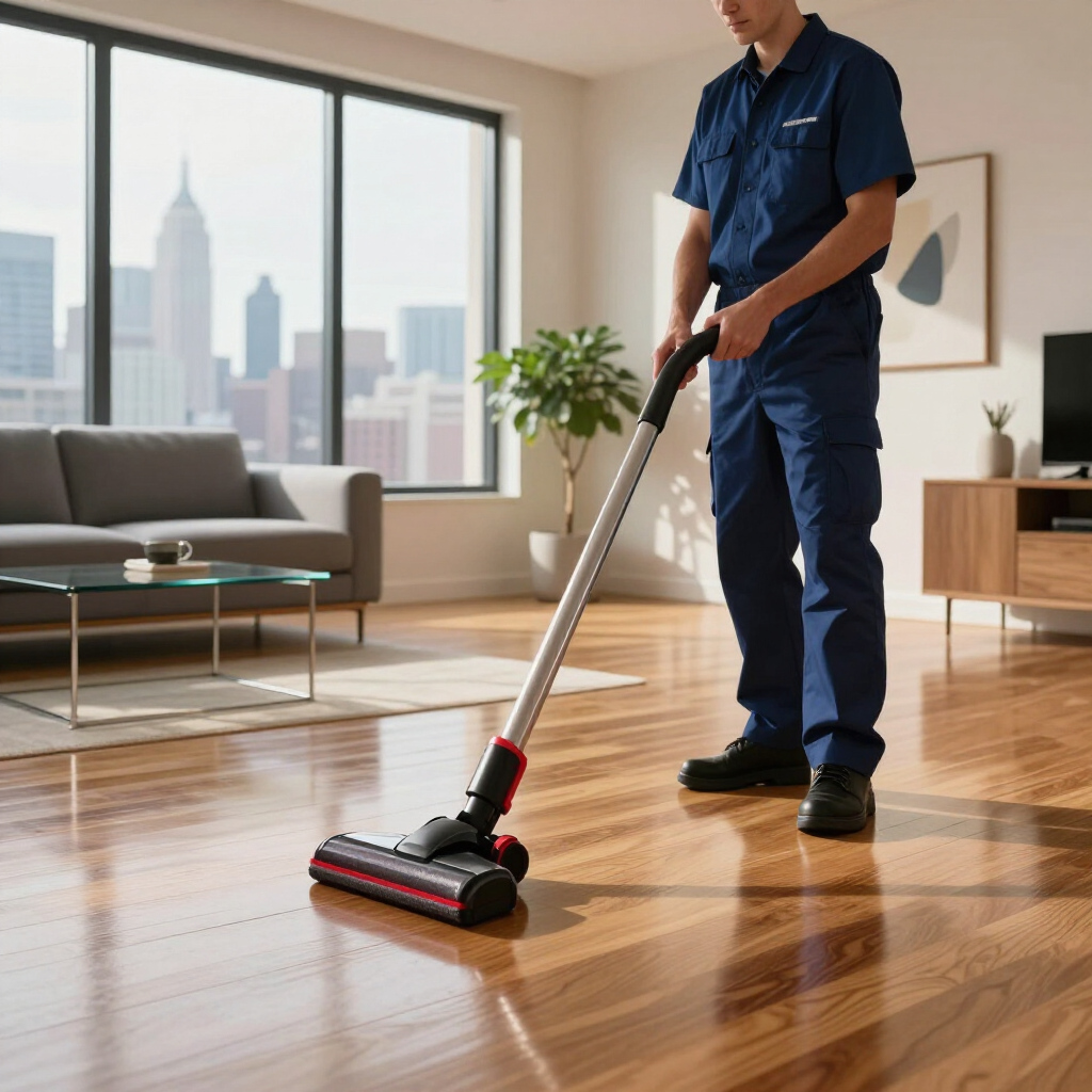 Person vacuuming a hardwood floor in a bright living room with city skyline windows