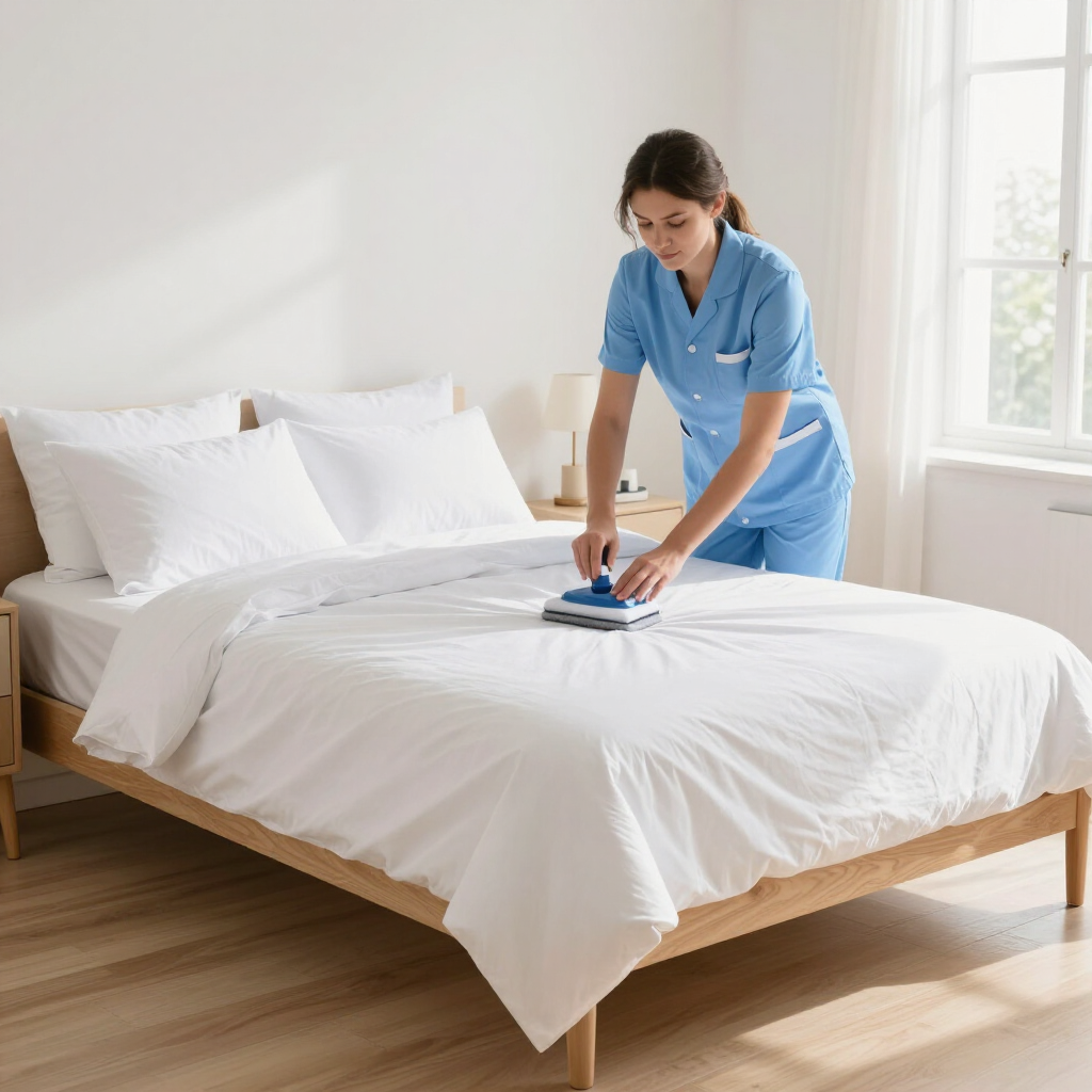 Person in blue uniform making a bed with a handheld steamer in a bright bedroom