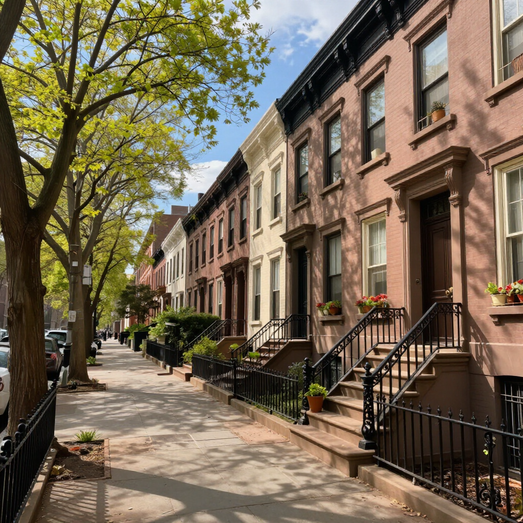 Sunlit tree-lined sidewalk beside brownstone row houses on a quiet city street