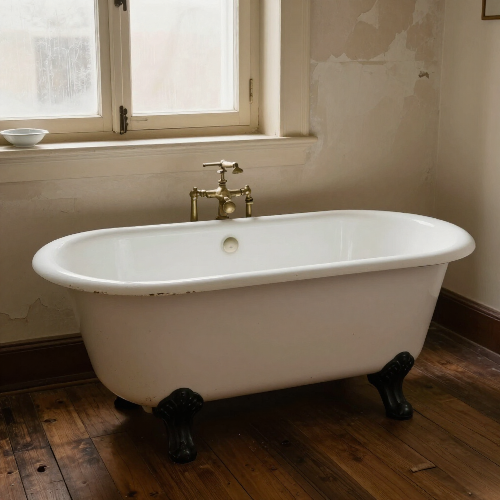 White clawfoot bathtub beneath a window in a vintage bathroom with wooden floorboards
