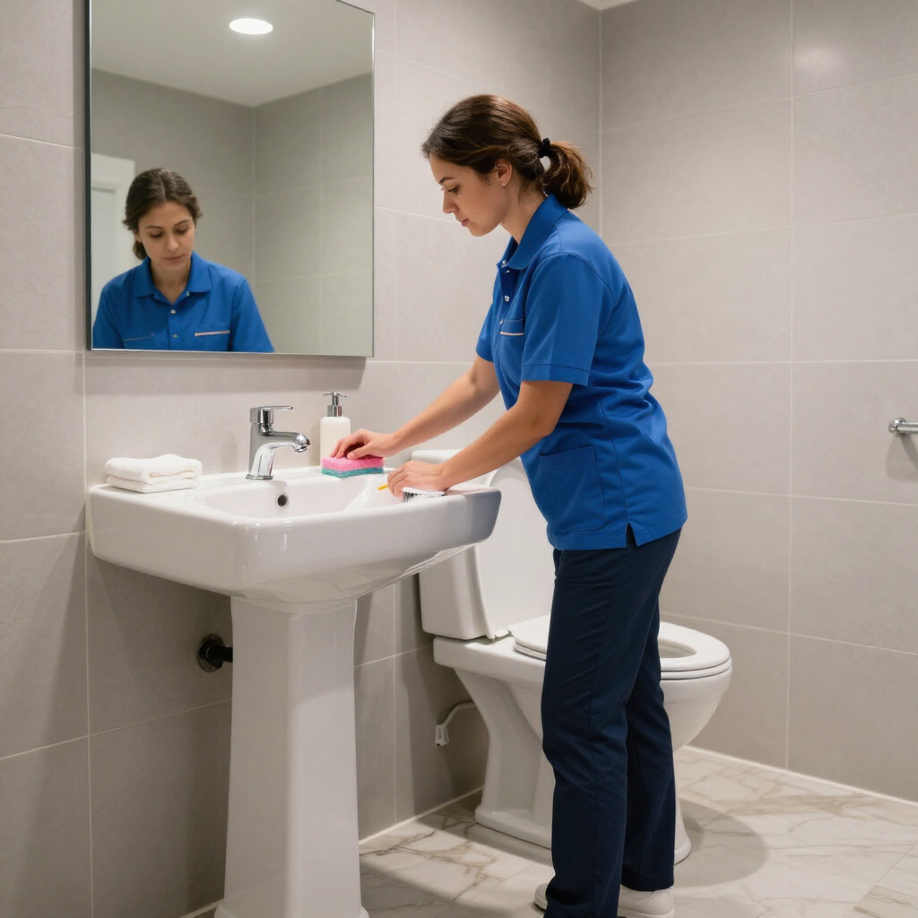 Person cleaning a bathroom sink and mirror in a tiled restroom, wearing a blue uniform.