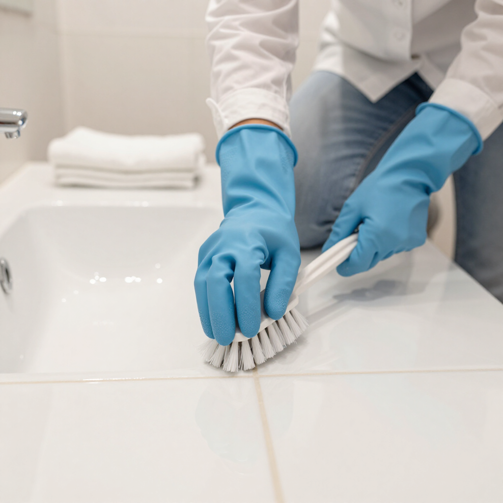 Blue-gloved hands scrubbing a white bathroom sink with a brush