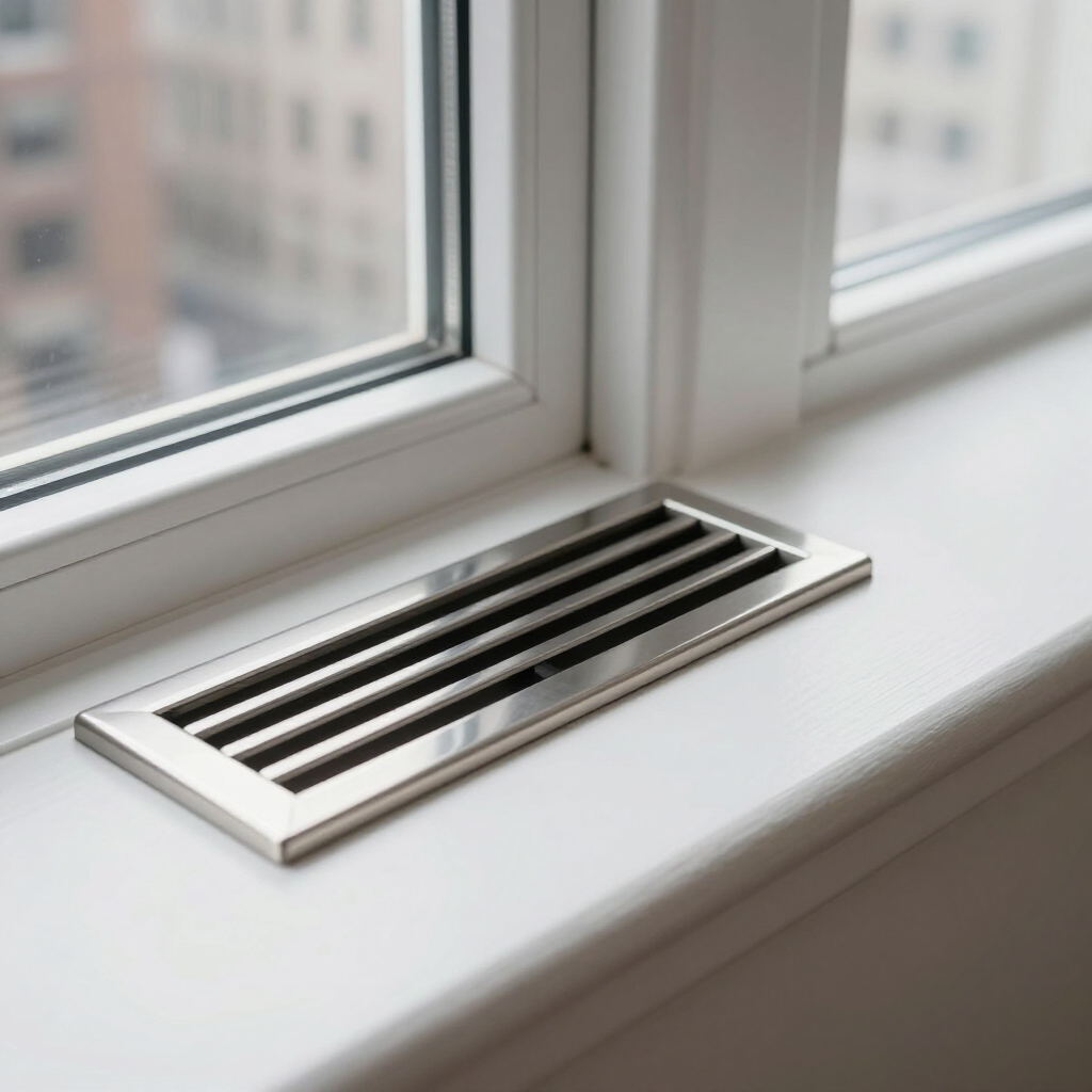 Metal window vent on a white windowsill beside a bright window