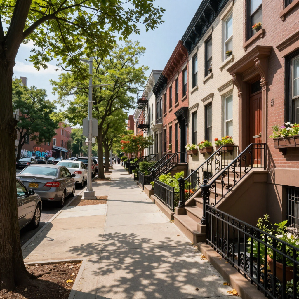Tree-lined city sidewalk beside red-brick row houses and parked cars on a sunny day
