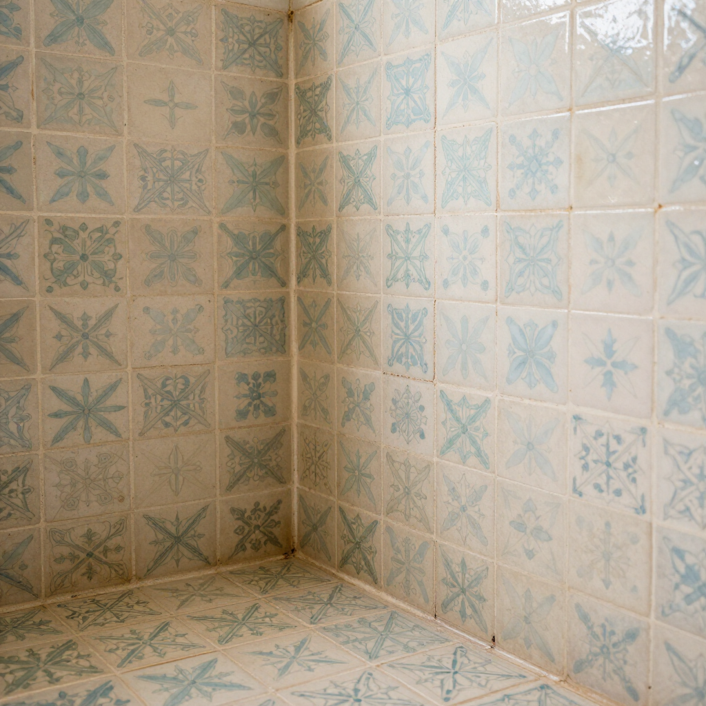 Corner of a bathroom with blue-and-beige patterned tile walls and floor