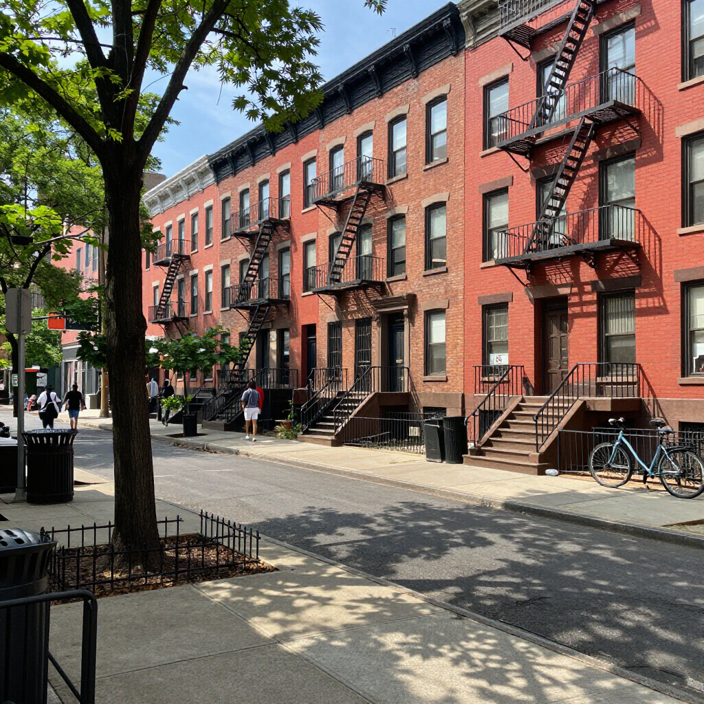 Sunny residential street with red brick row houses, fire escapes, trees, and a few pedestrians and bicycles.