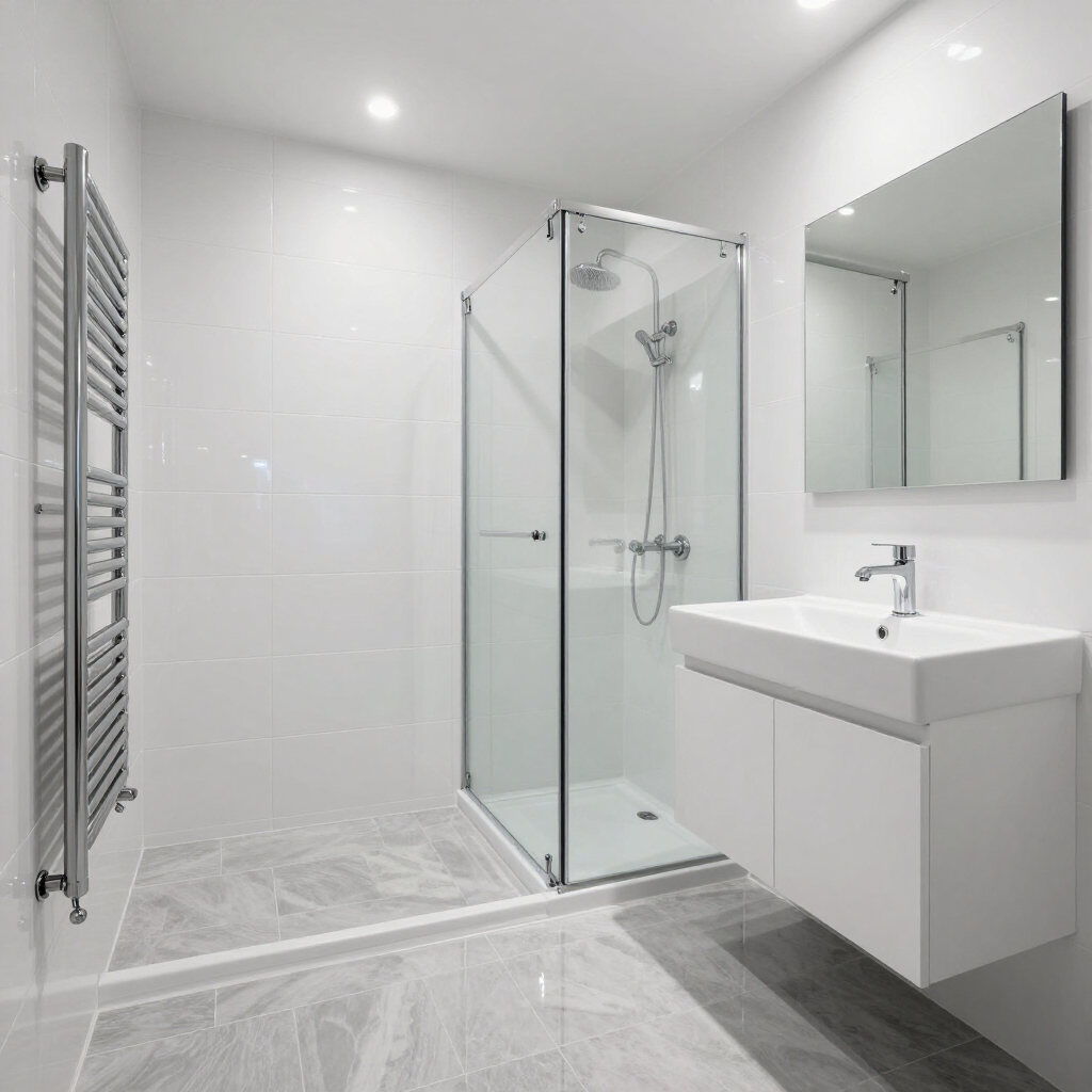 Modern white bathroom with glass shower, wall radiator, sink vanity, and large mirror