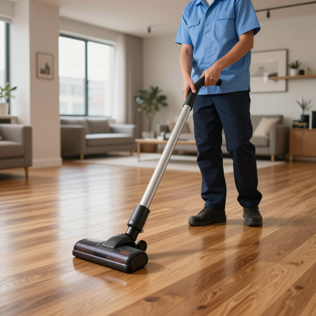 Vacuuming a polished wooden floor in a bright living room